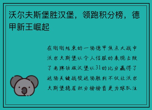 沃尔夫斯堡胜汉堡，领跑积分榜，德甲新王崛起