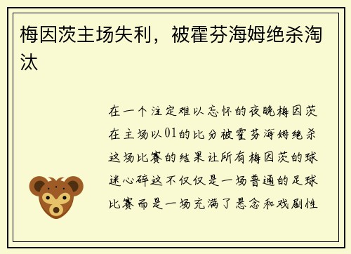 梅因茨主场失利，被霍芬海姆绝杀淘汰